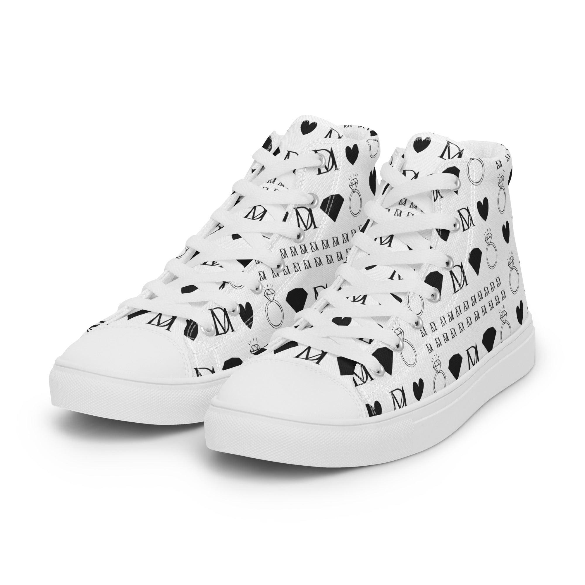 White women's high-top canvas shoes from Daemon Luxury's Dim Diamonds Artica Blizzard collection, front view showing stylish design.
