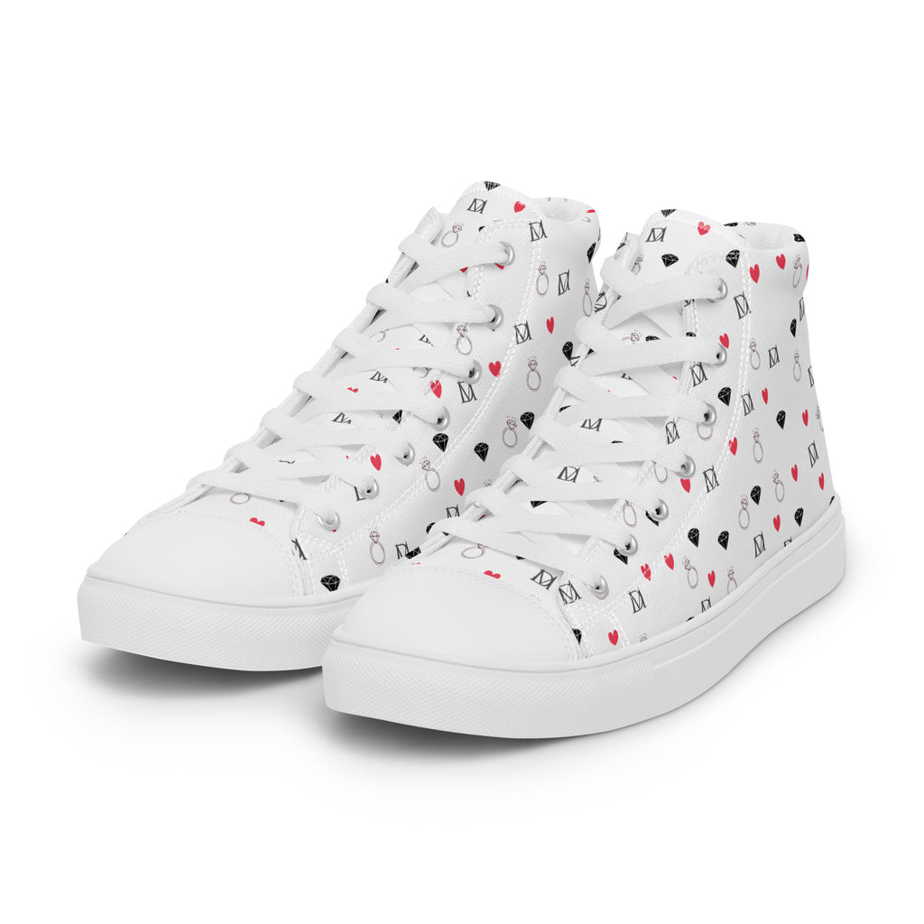 White high-top canvas shoes featuring speckled diamond patterns from Daemon Luxury's Artica Blizzard Female collection.