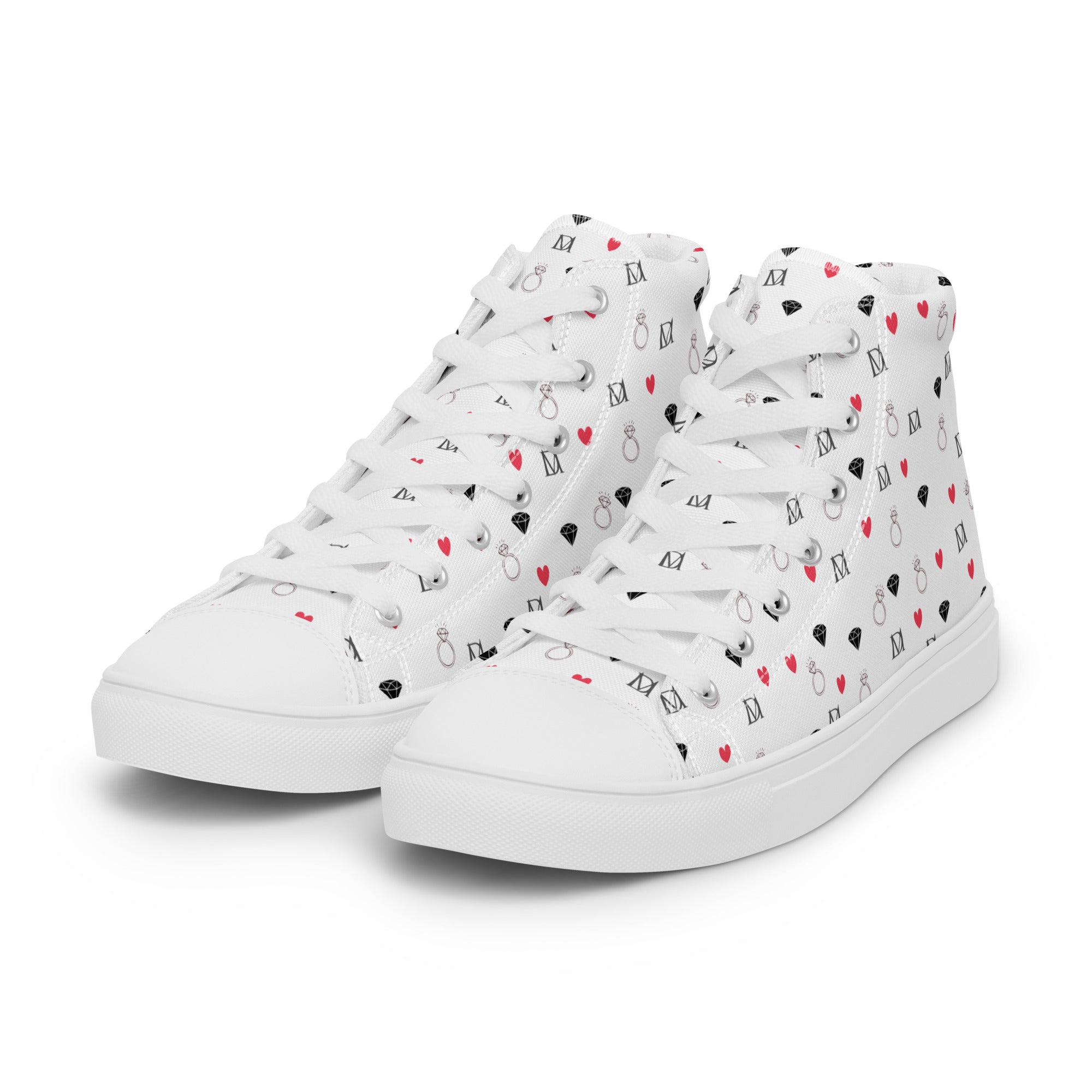 White high-top canvas shoes featuring speckled diamond patterns from Daemon Luxury's Artica Blizzard Female collection.