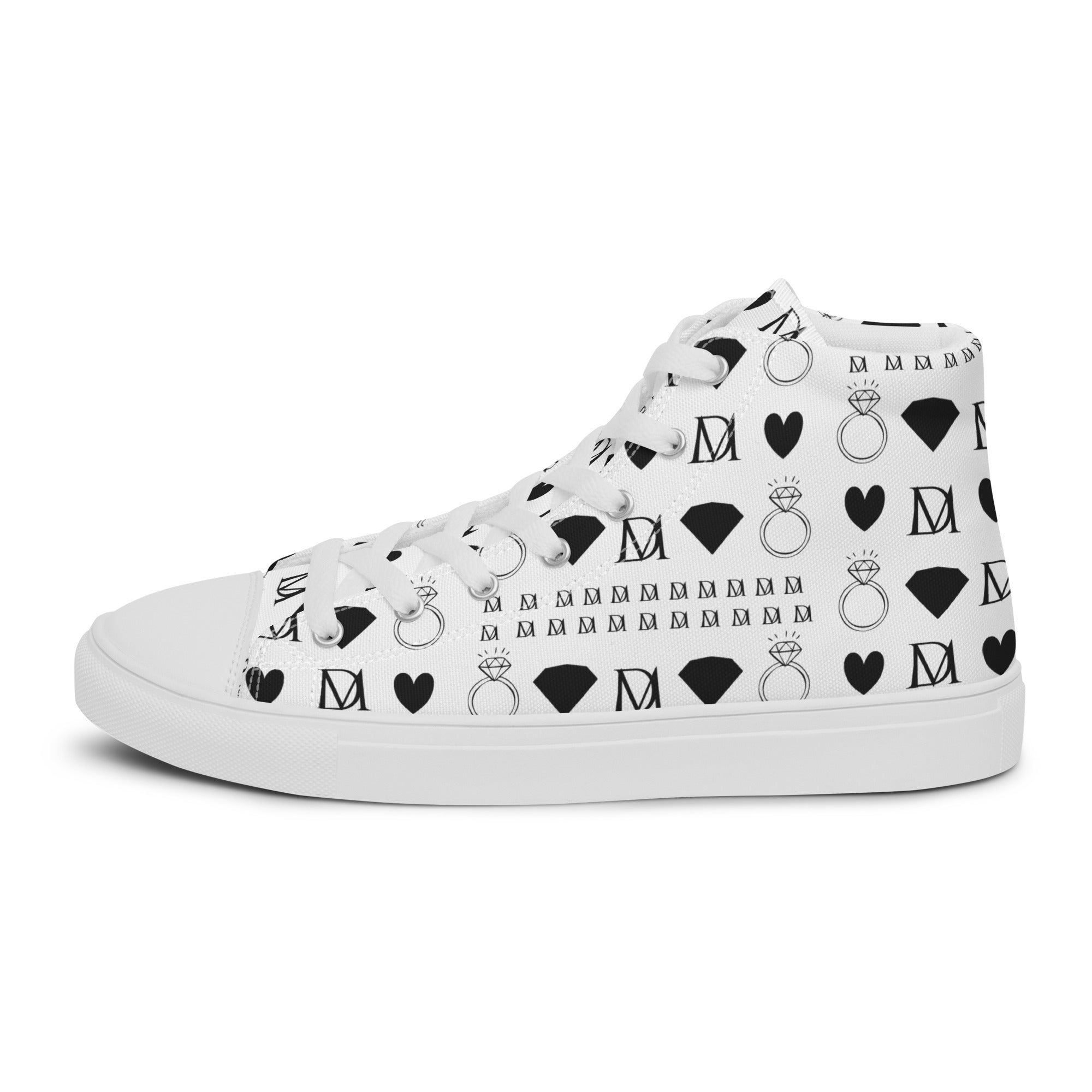 White women's high-top canvas shoes from Daemon Luxury's Dim Diamonds Artica Blizzard collection, shown from the left outside view.