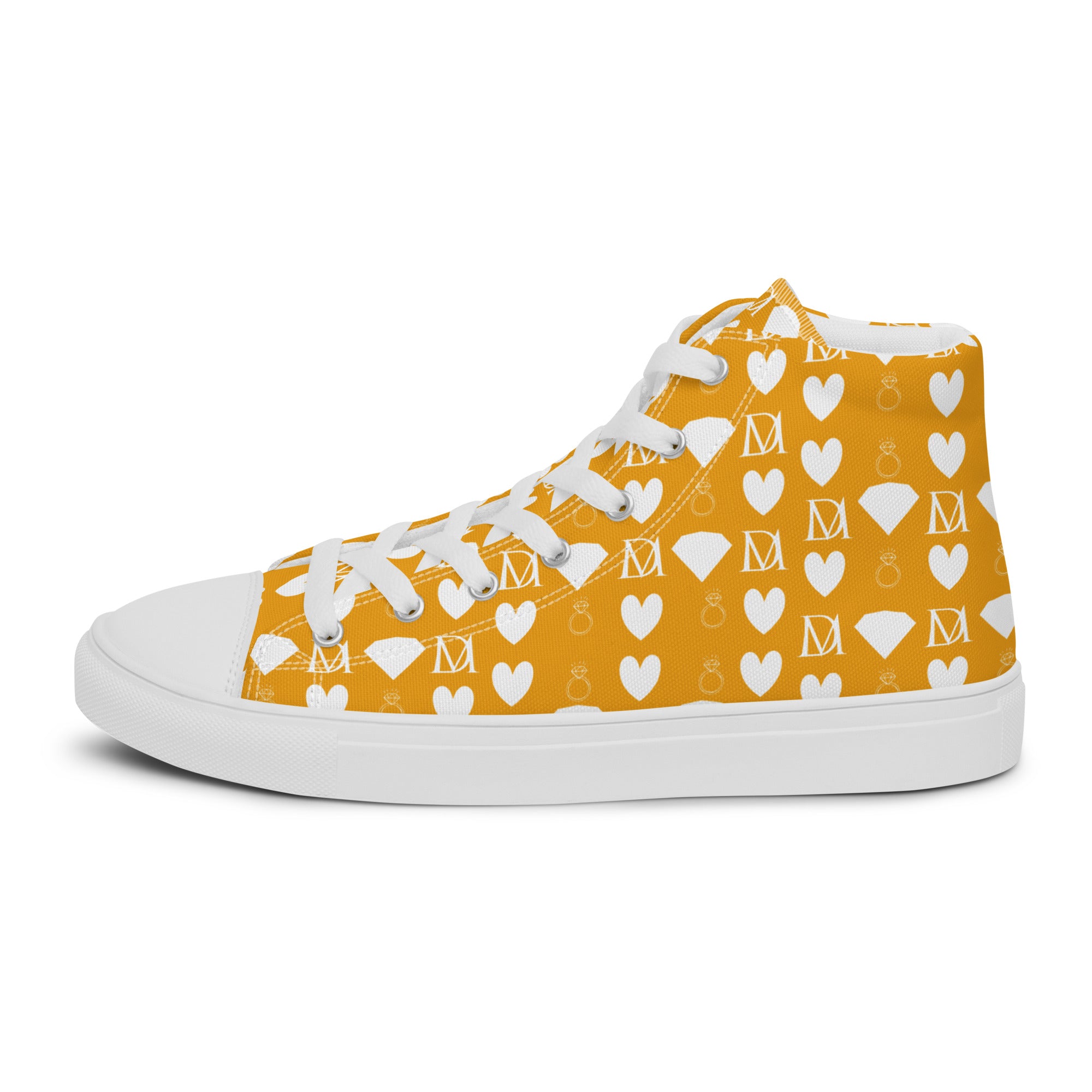 White women's high-top canvas shoes featuring Frosted Diamonds design by Daemon Luxury, displayed from the left outside angle.