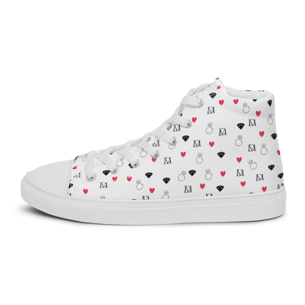 White high-top canvas shoes with speckled diamond design from Daemon Luxury Artica Blizzard Female collection, shown from the left outside.