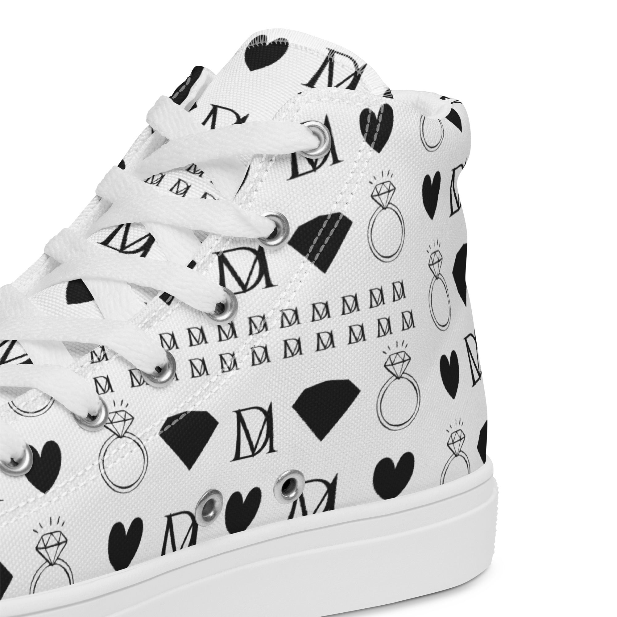 White high-top canvas shoes from Daemon Luxury's Dim Diamonds Artica Blizzard Female collection, featuring stylish design details.