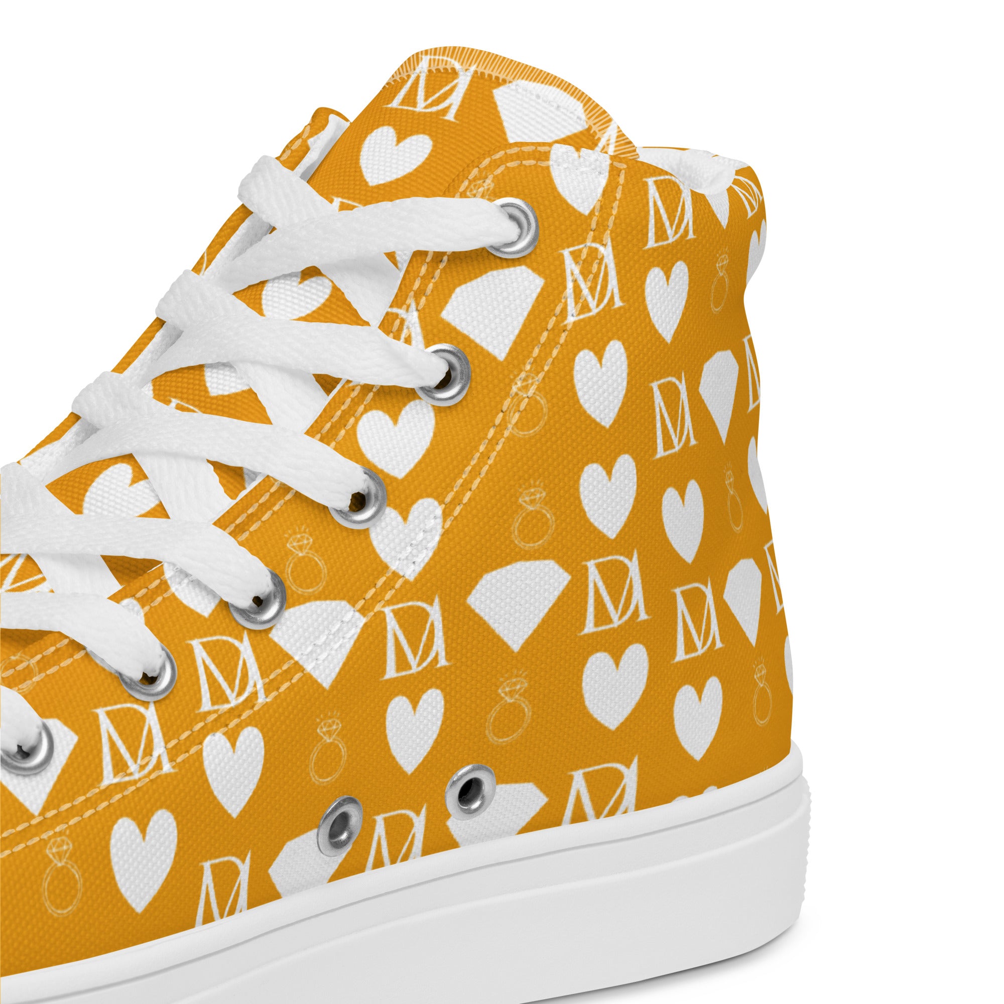 White high-top canvas shoes featuring frosted diamond embellishments by Daemon Luxury for women.