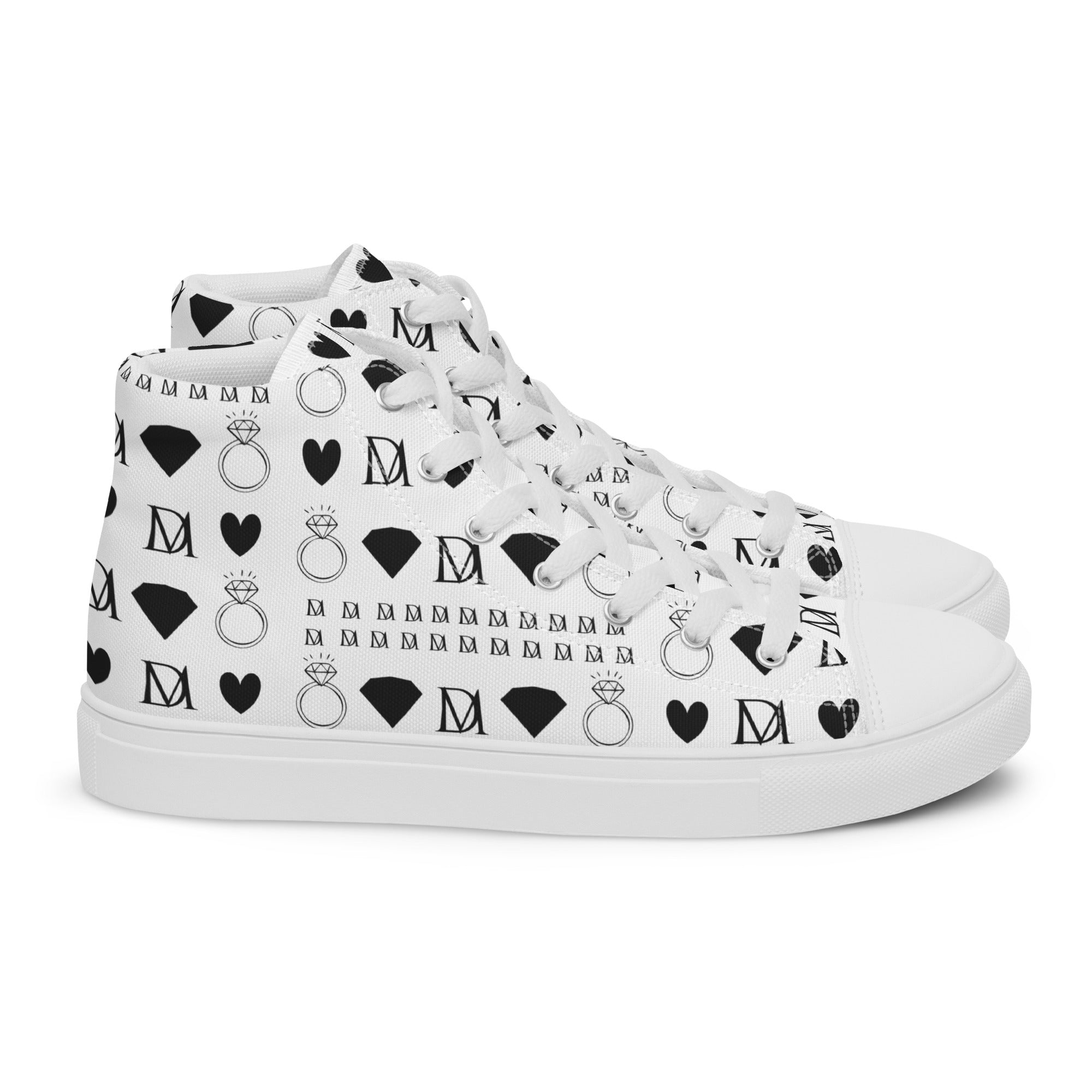 White high-top canvas shoes for women from Daemon Luxury's Dim Diamonds Artica Blizzard collection, shown from the right side.