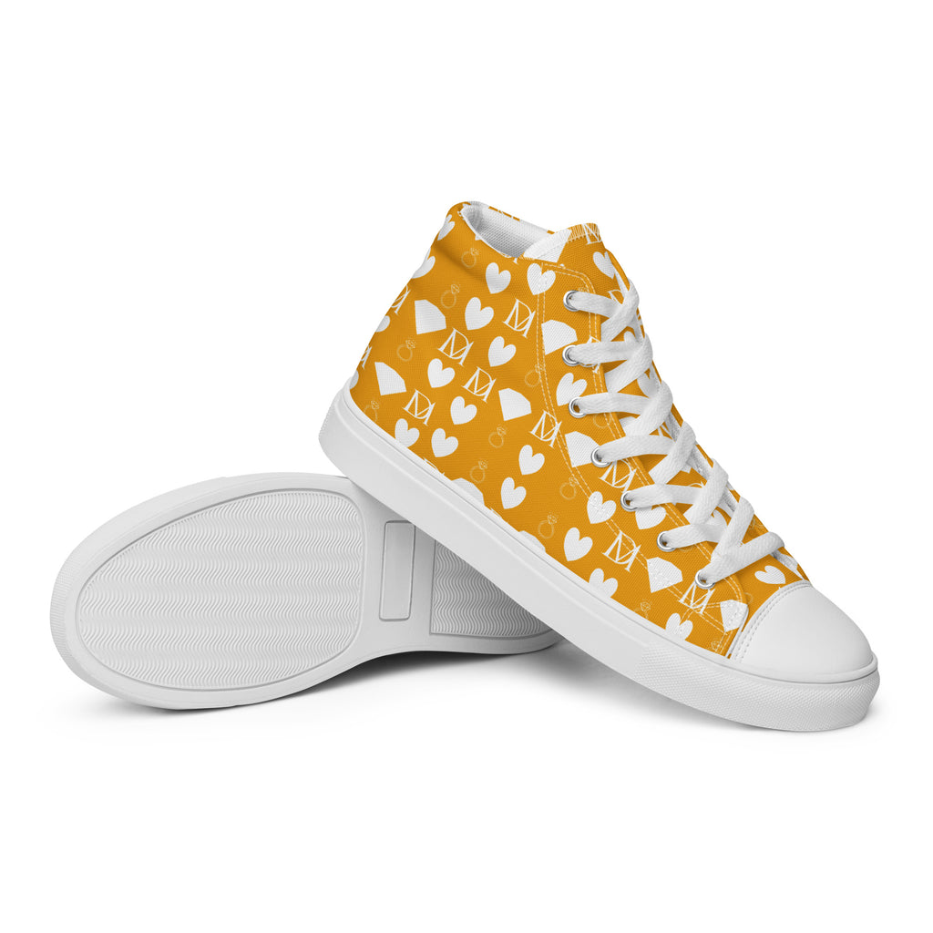 White high-top canvas shoes with frosted diamond design by Daemon Luxury, featuring Tarmin Honeybees female pattern.