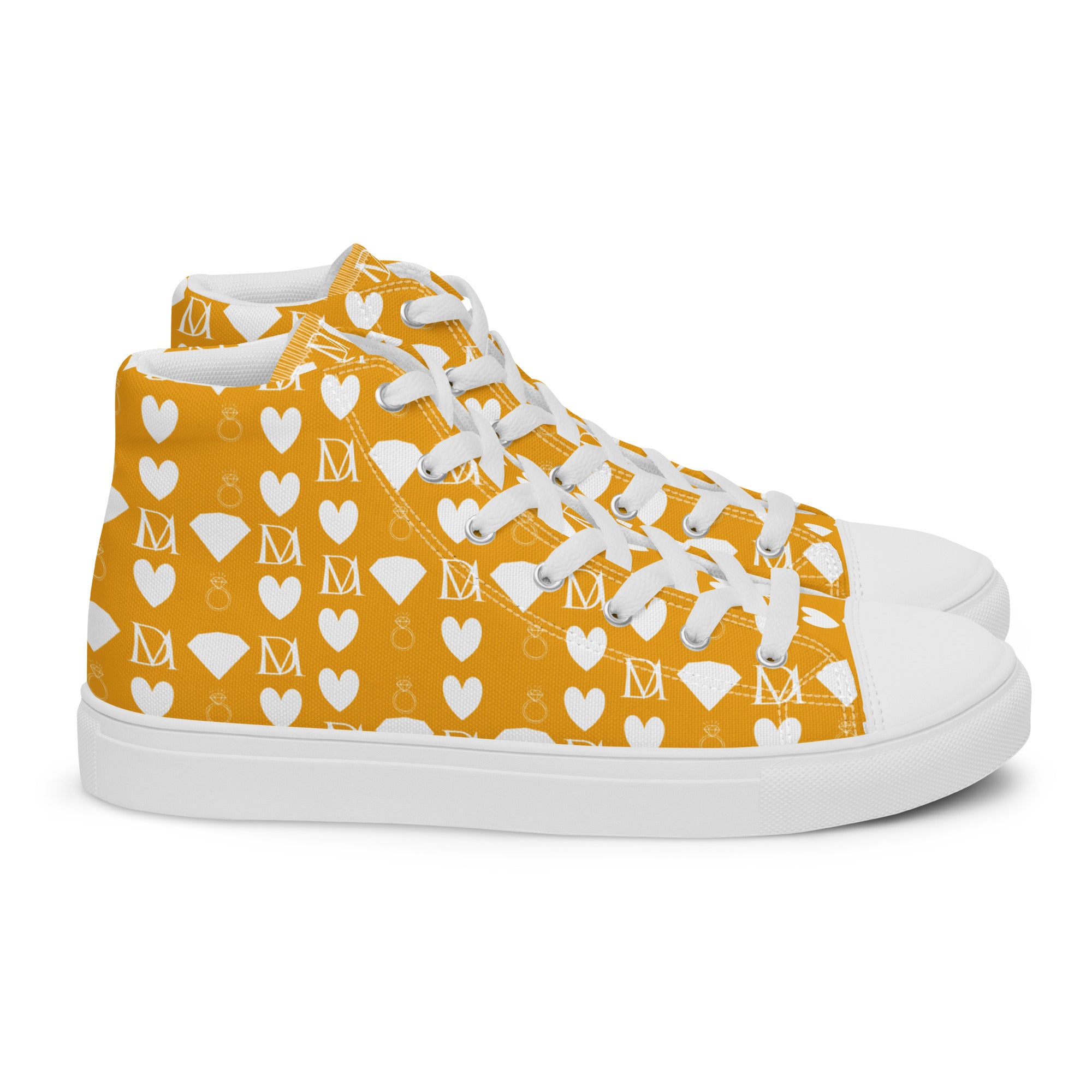 White women's high-top canvas shoes with frosted diamond design by Daemon Luxury, featuring Tarmin Honeybees female motif.