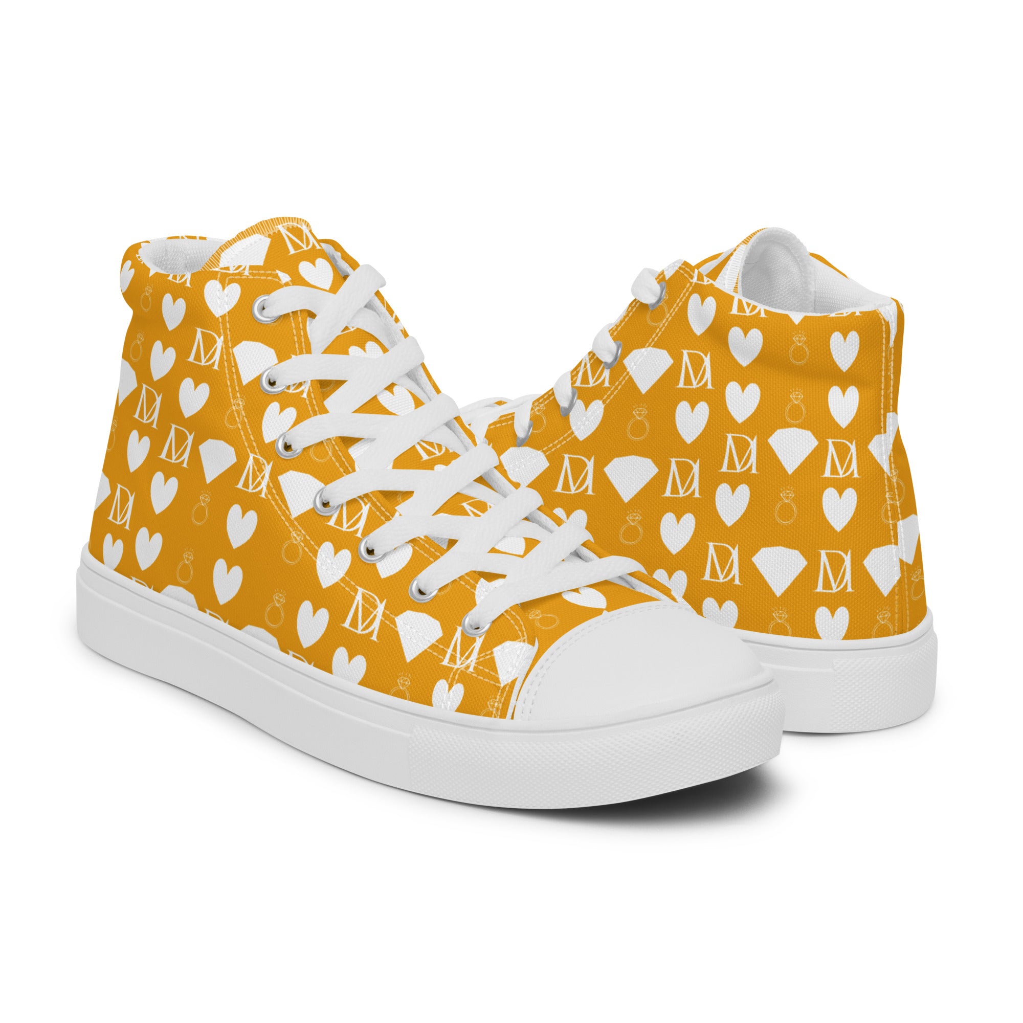 White high-top canvas shoes from Daemon Luxury featuring frosted diamonds design, worn by Tarmin Honeybees Female model.