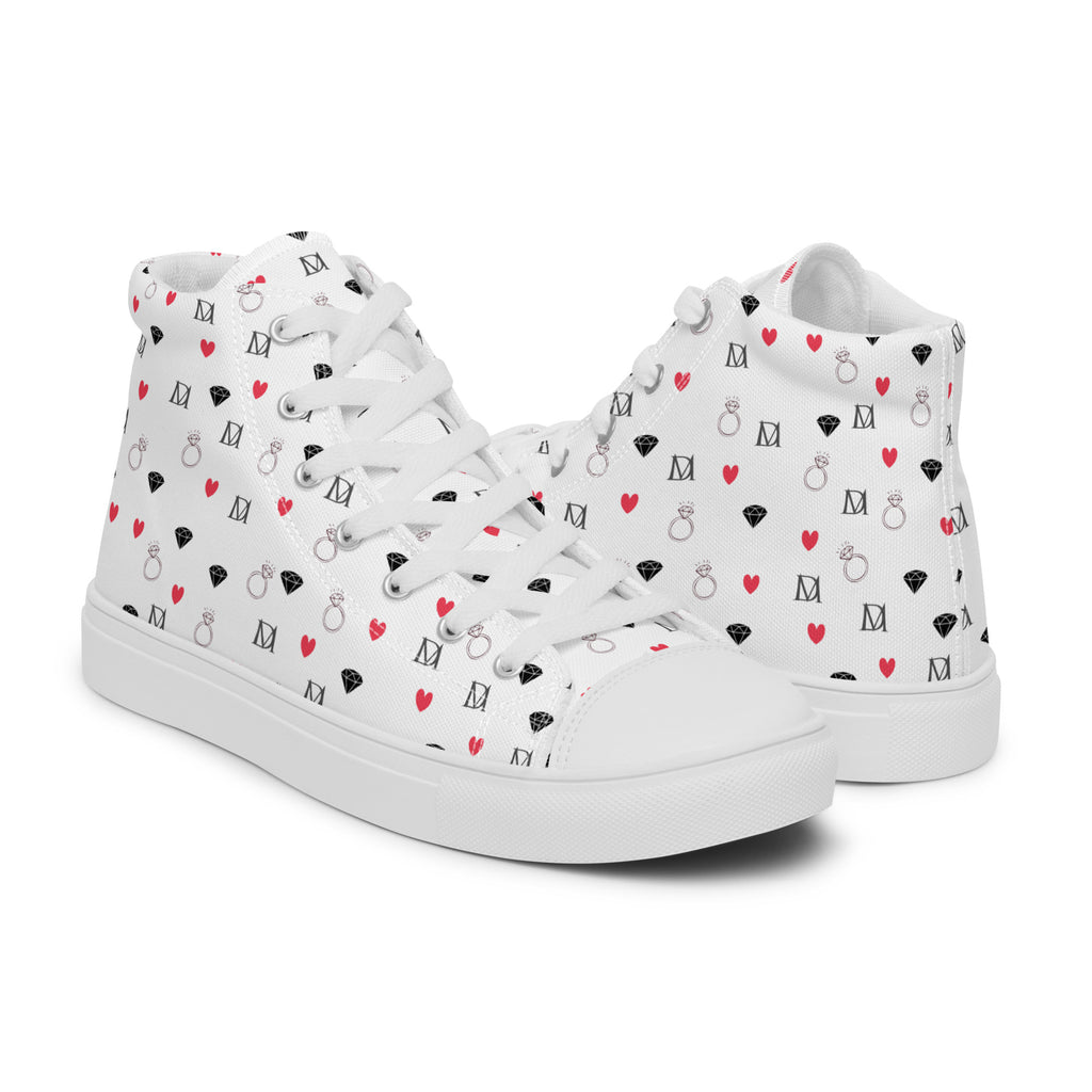 White women's high-top canvas shoes with speckled diamond design by Daemon Luxury, shown from the right side.
