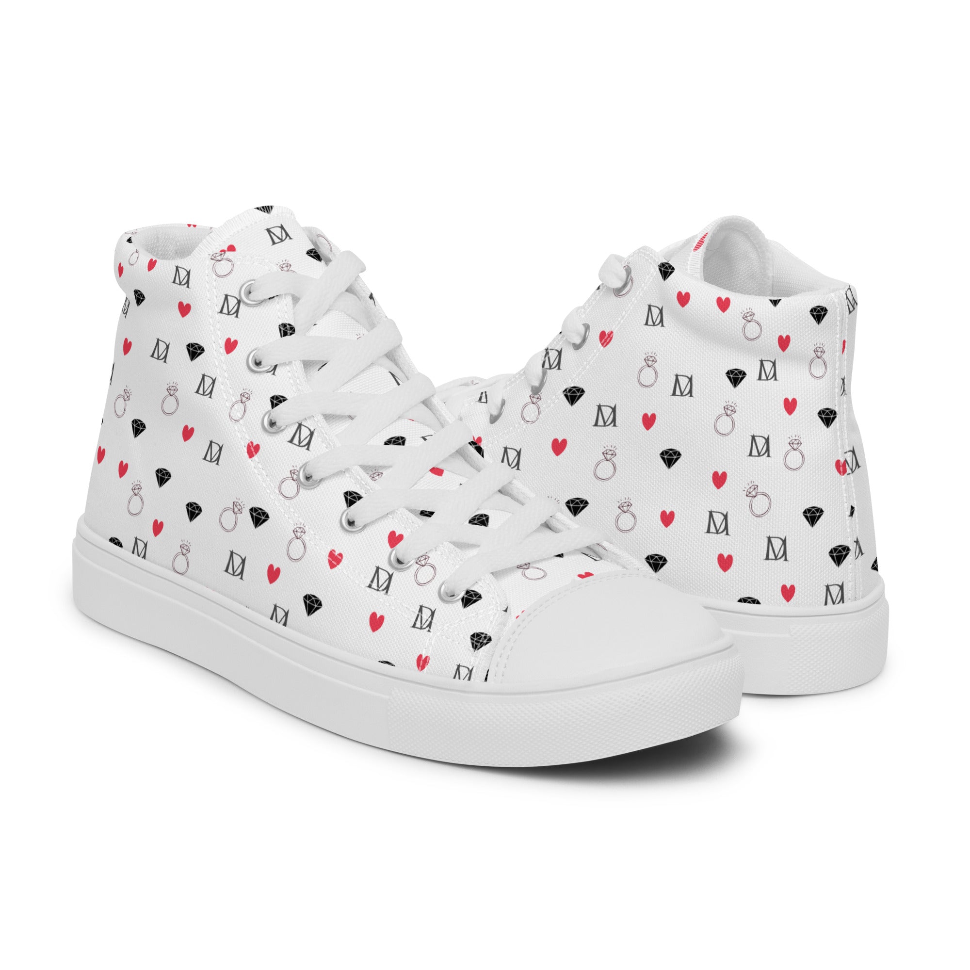 White women's high-top canvas shoes with speckled diamond design by Daemon Luxury, shown from the right side.