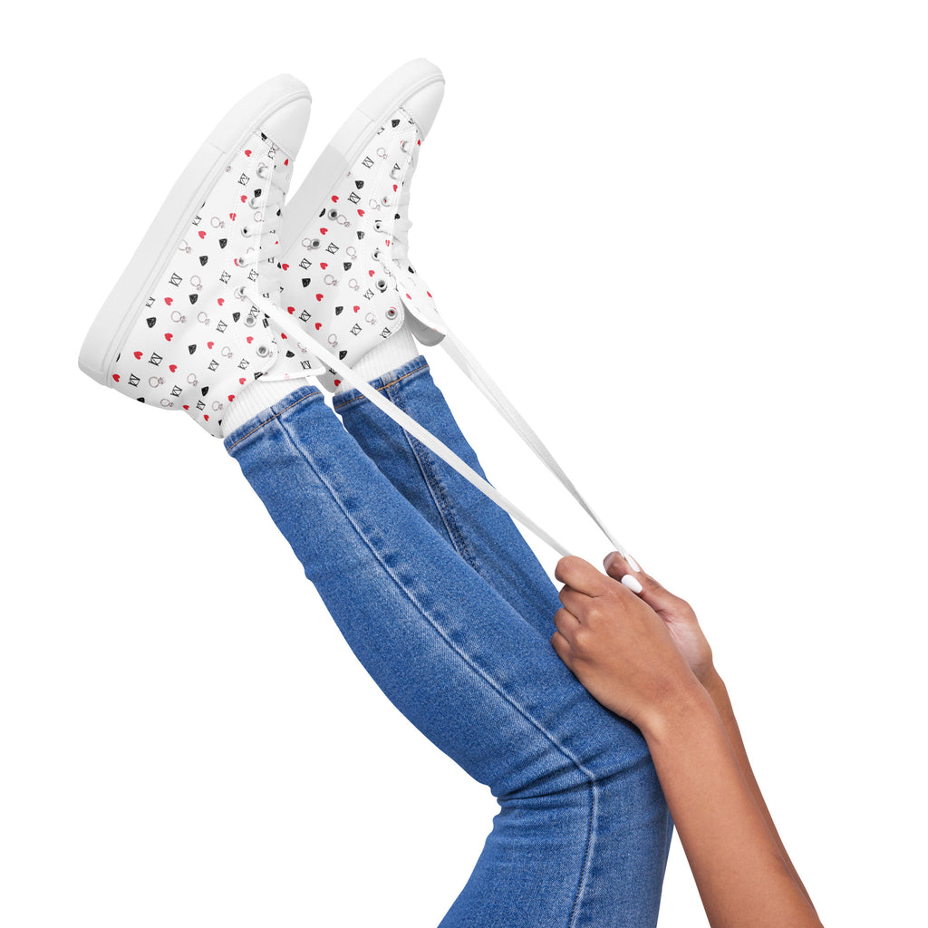 White women's high-top canvas shoes featuring speckled diamond patterns from Daemon Luxury's Artica Blizzard collection.