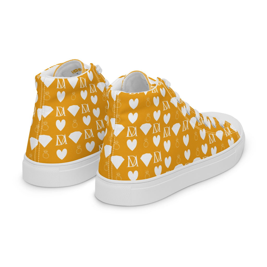 White women's high-top canvas shoes featuring frosted diamond detailing, designed by Daemon Luxury.
