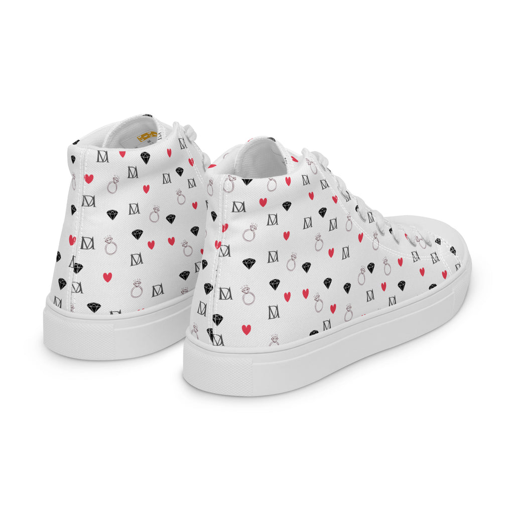 White high-top canvas shoes featuring speckled diamond design from Daemon Luxury's Artica Blizzard Female collection, shown from the back right.