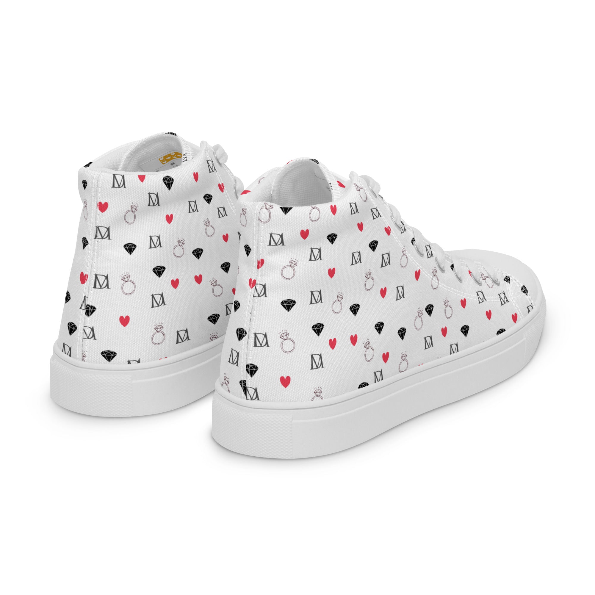 White high-top canvas shoes featuring speckled diamond design from Daemon Luxury's Artica Blizzard Female collection, shown from the back right.