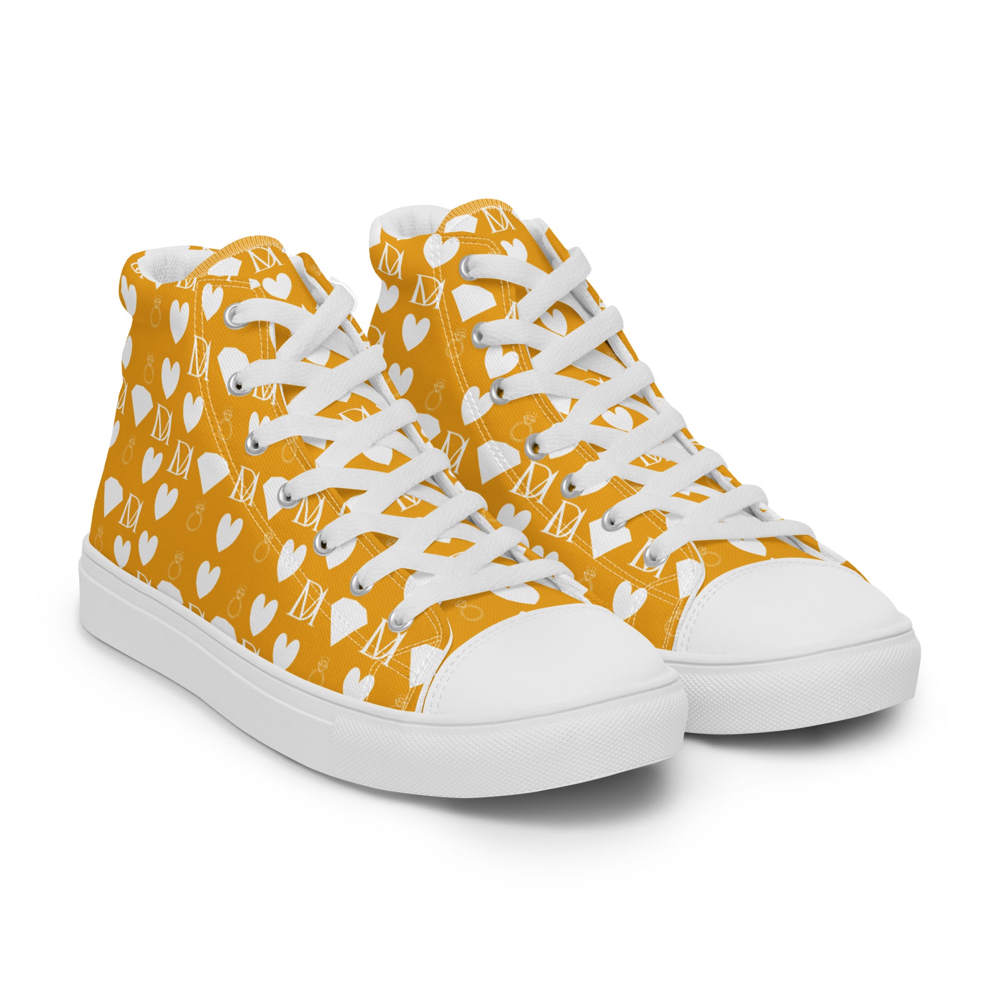 White high-top canvas shoes featuring frosted diamond pattern by Daemon Luxury, shown from the front right side.