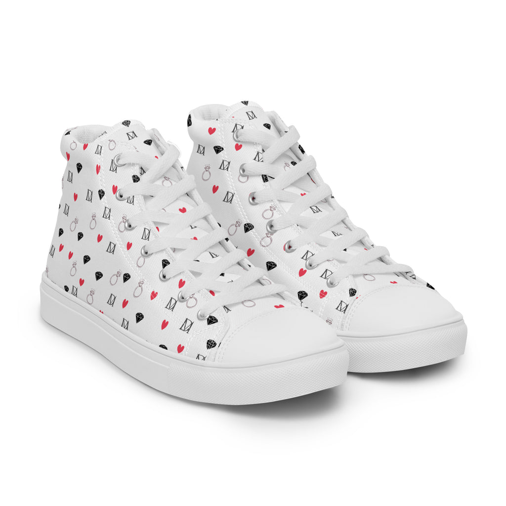 White high-top canvas shoes with speckled diamond pattern from Daemon Luxury Artica Blizzard Female collection, shown from front right.