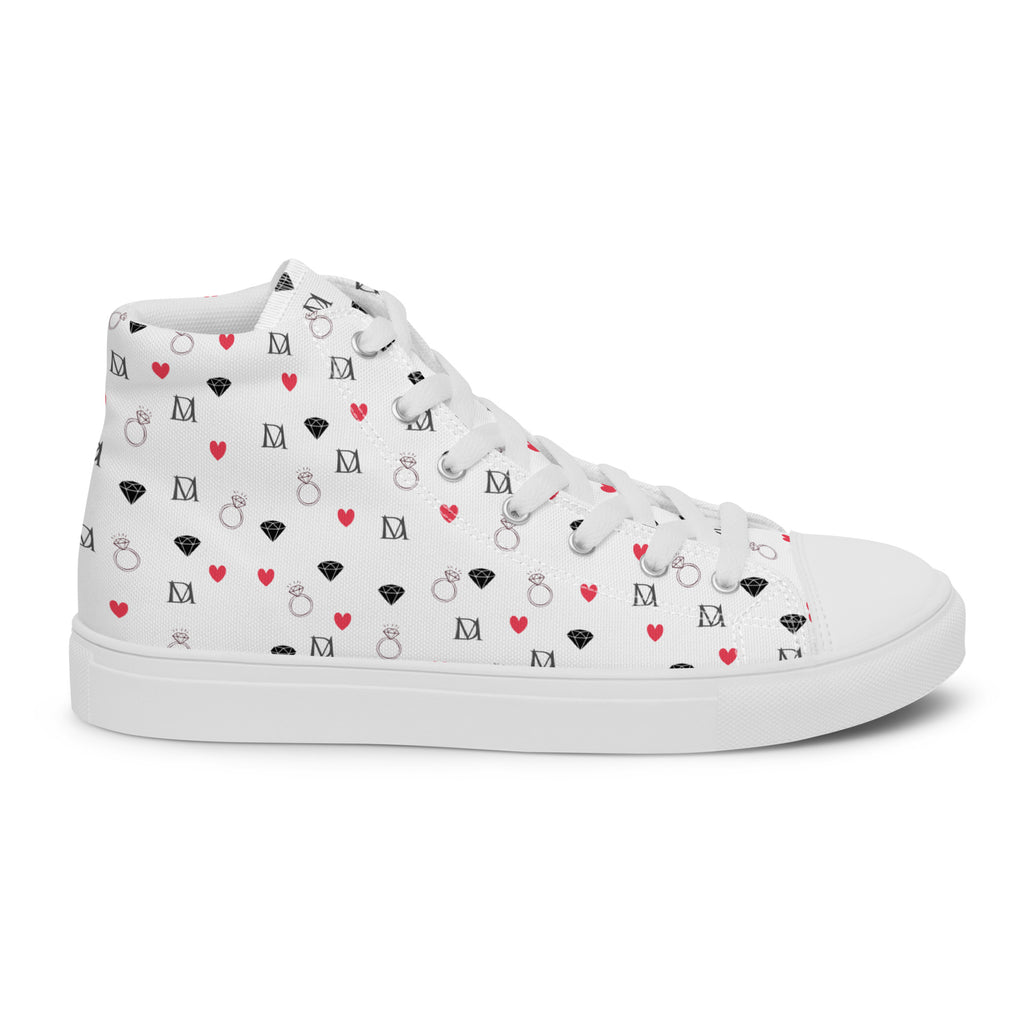 White high-top canvas shoes with speckled diamond design by Daemon Luxury, viewed from the right outside.