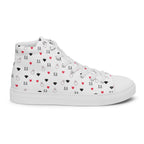 White high-top canvas shoes with speckled diamond design by Daemon Luxury, viewed from the right outside.