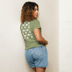 Women's high-waisted tee by Daemon Luxury featuring frosted diamond details and artichoke color, shown from the back.