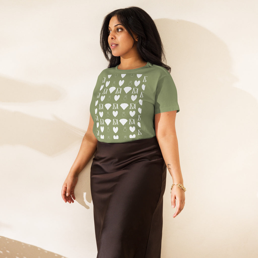 Women's high-waisted tee by Daemon Luxury featuring frosted diamond embellishments in an artichoke color, front view.