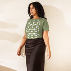 Women's high-waisted tee by Daemon Luxury featuring frosted diamond embellishments in an artichoke color, front view.