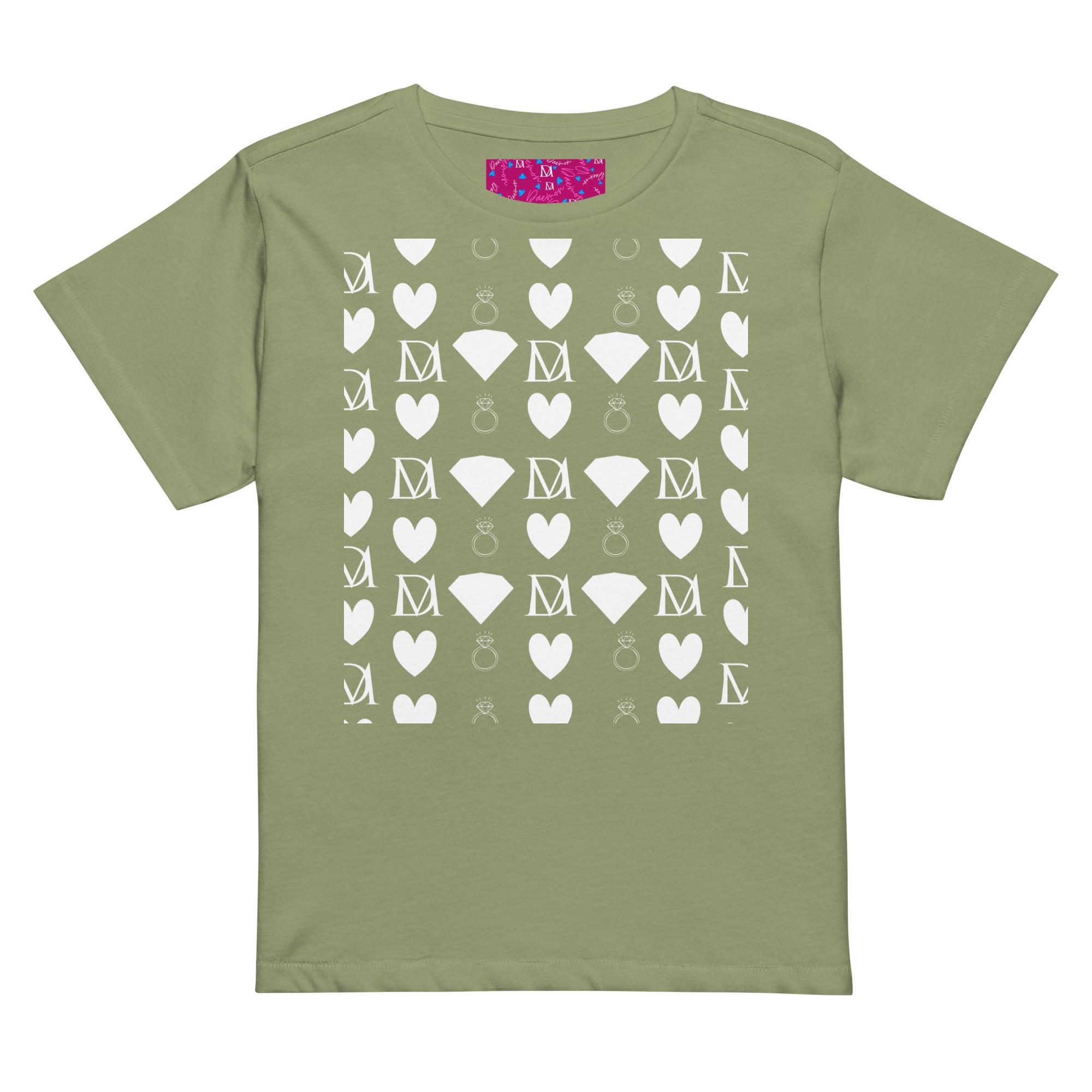 Women's high-waisted tee from Daemon Luxury with frosted diamond detailing in artichoke color, front view.