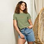 Daemon Luxury Honeybee Shores Premio il women's high-waisted tee in artichoke, front view showing fit and fabric texture.