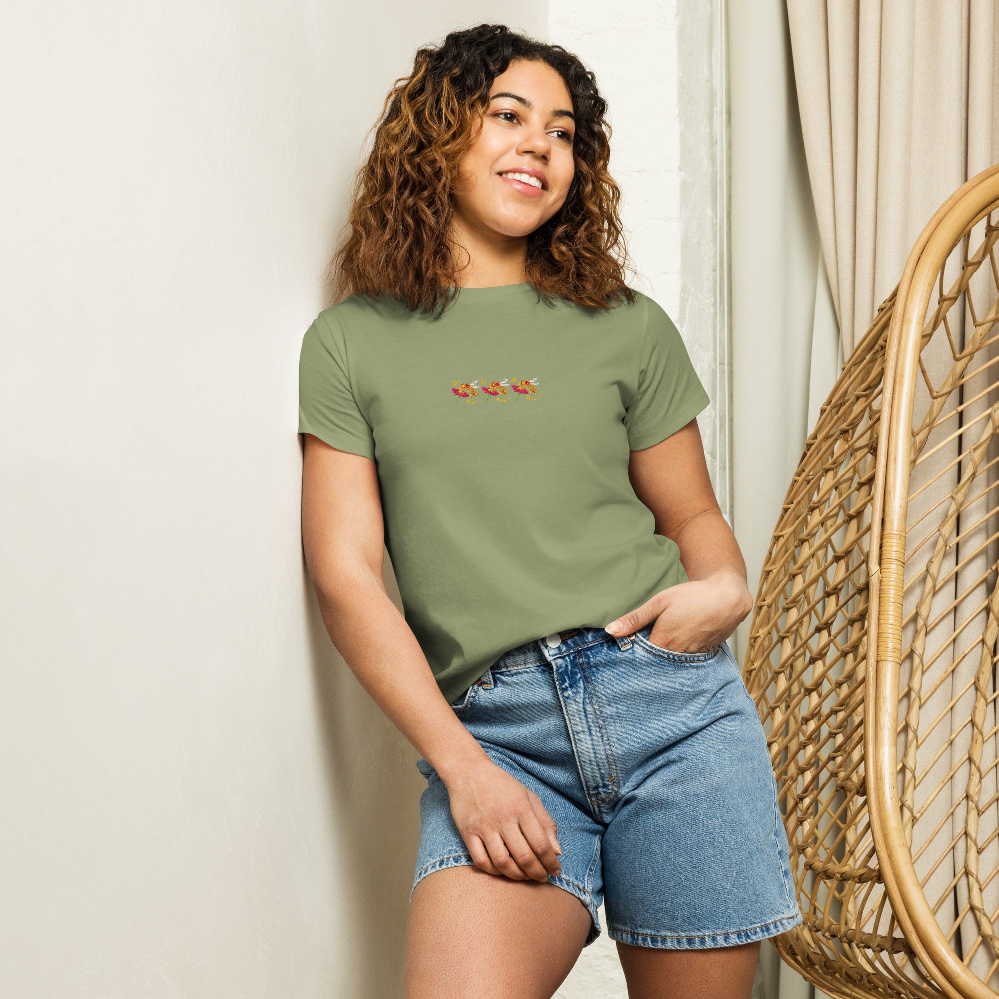 Daemon Luxury Honeybee Shores Premio il women's high-waisted tee in artichoke, front view showing fit and fabric texture.