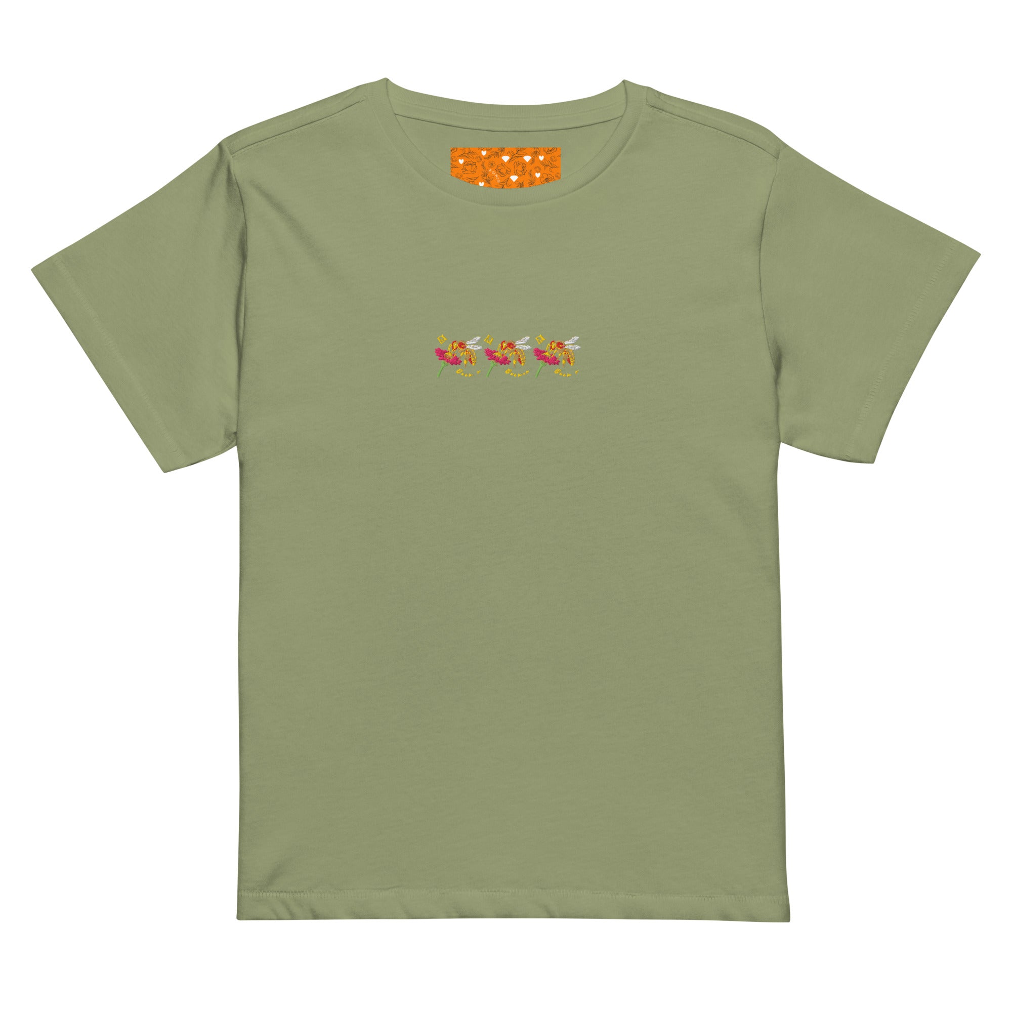 Women's high-waisted tee by Daemon Luxury from Honeybee Shores in artichoke color, front view showing fitted design and soft fabric.