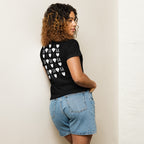 Women's high-waisted black tee with frosted diamond detailing from Daemon Luxury, shown from the back.