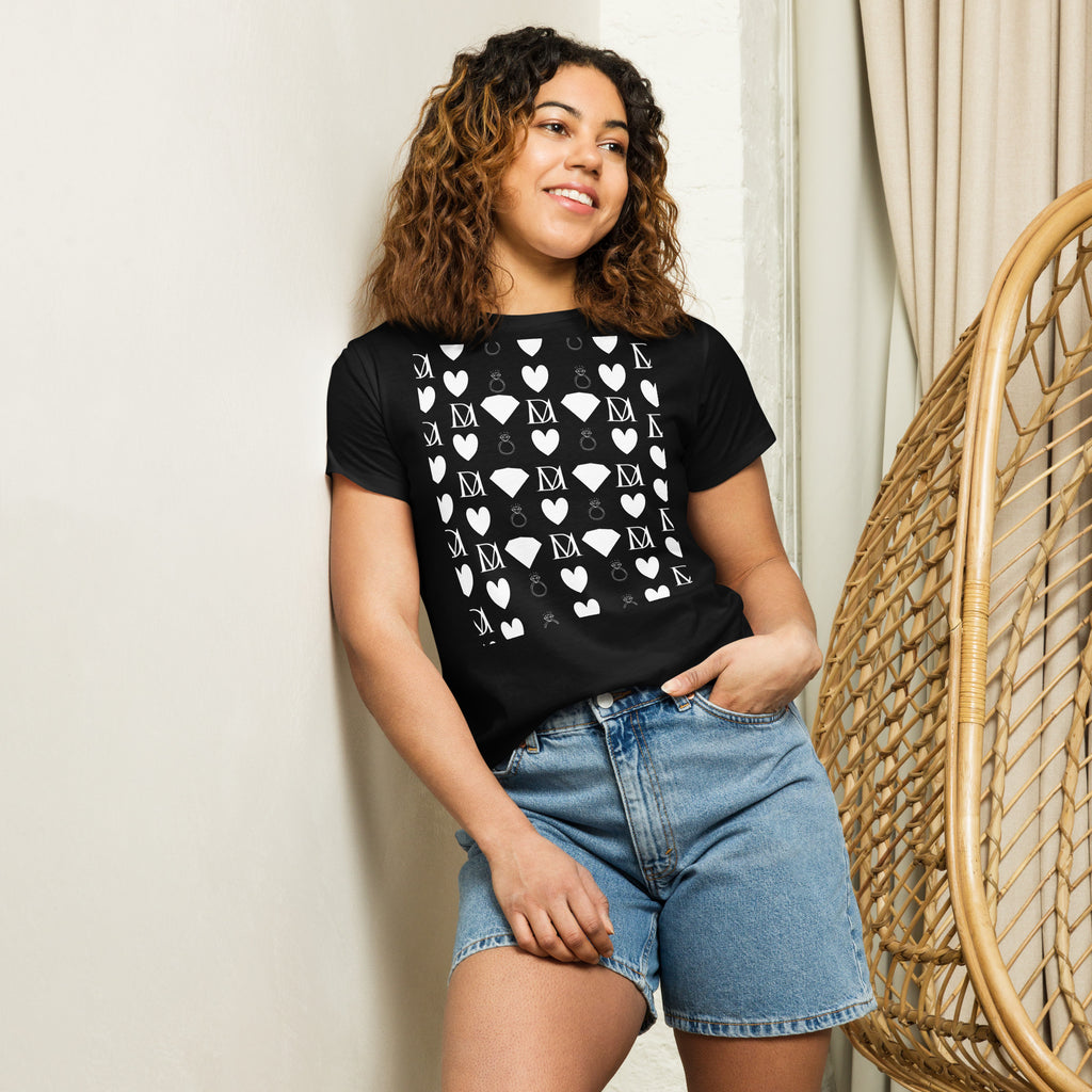 Women's high-waisted black T-shirt from Daemon Luxury's Frosted Diamonds Premio il Woman collection, front view.