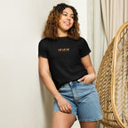 Black women's high-waisted tee from Daemon Luxury's Honeybee Shores Premio il collection, front view with fitted style.
