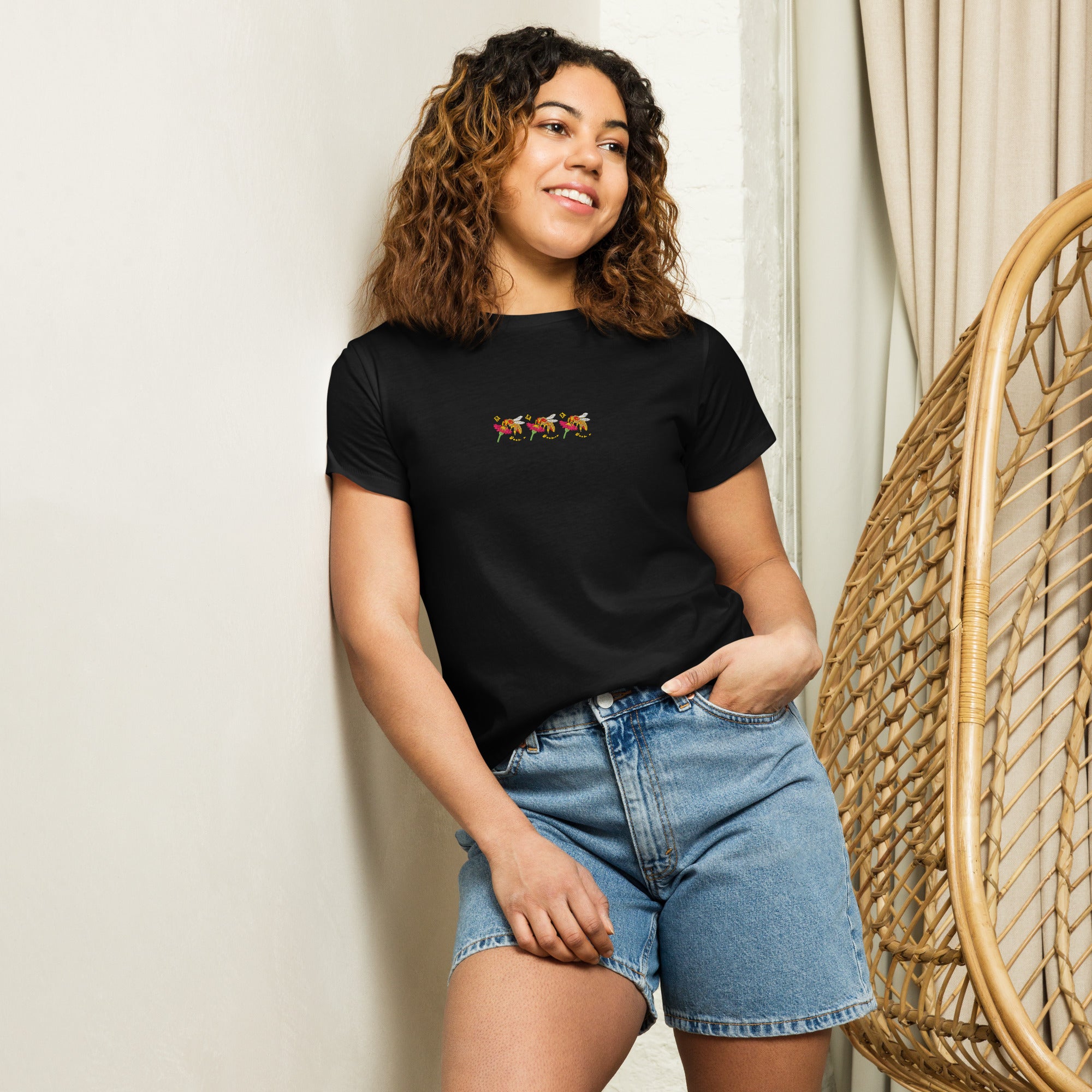 Black women's high-waisted tee from Daemon Luxury's Honeybee Shores Premio il collection, front view with fitted style.