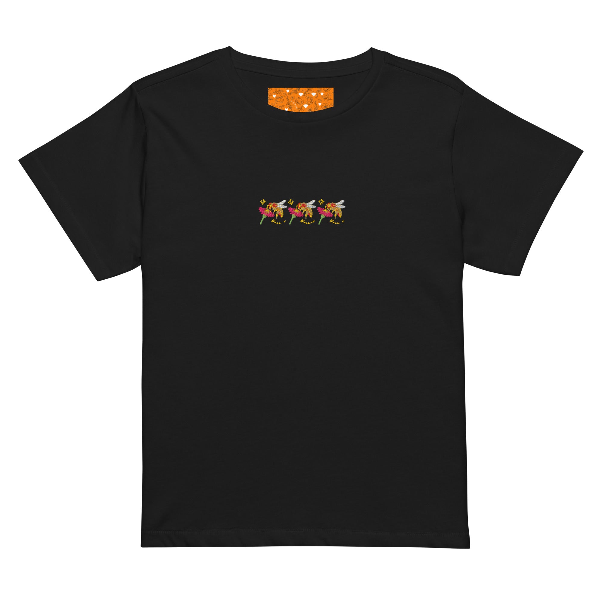 Black high-waisted women's T-shirt from Honeybee Shores Premio il Woman collection by Daemon Luxury, front view.