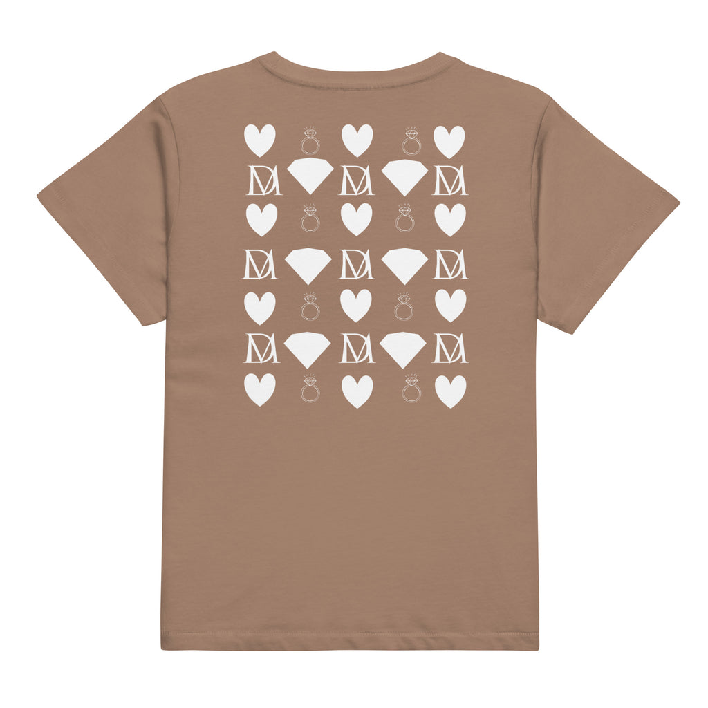 Frosted Diamonds Premio il Woman high-waisted tee in latte color, showing the back detail and elegant design by Daemon Luxury.