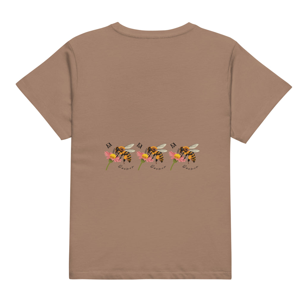 Women’s high-waisted latte-colored tee from Honeybee Shores by Daemon Luxury, shown from the back.