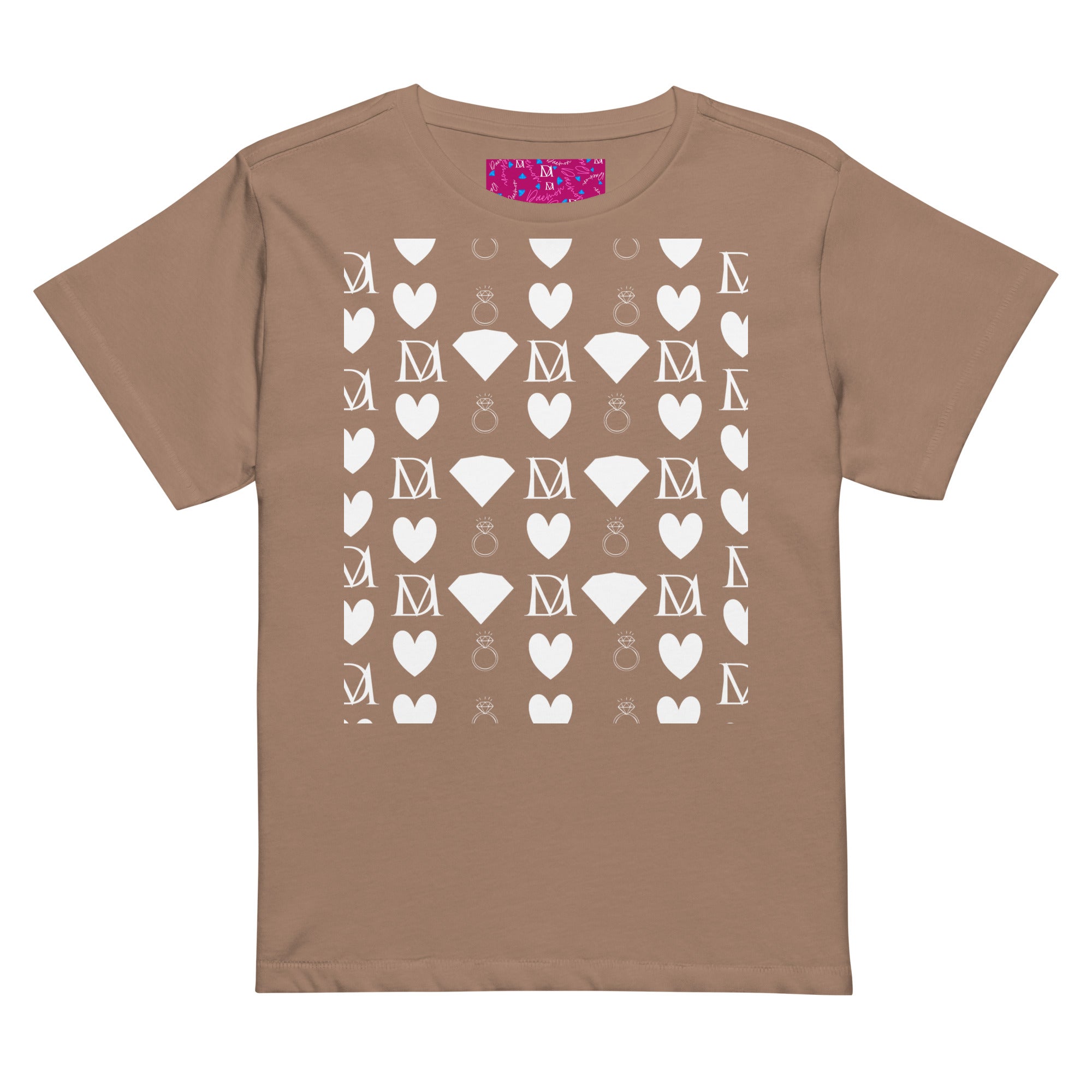 Women's high-waisted latte-colored tee featuring Frosted Diamonds design by Daemon Luxury, front view with soft fabric texture.