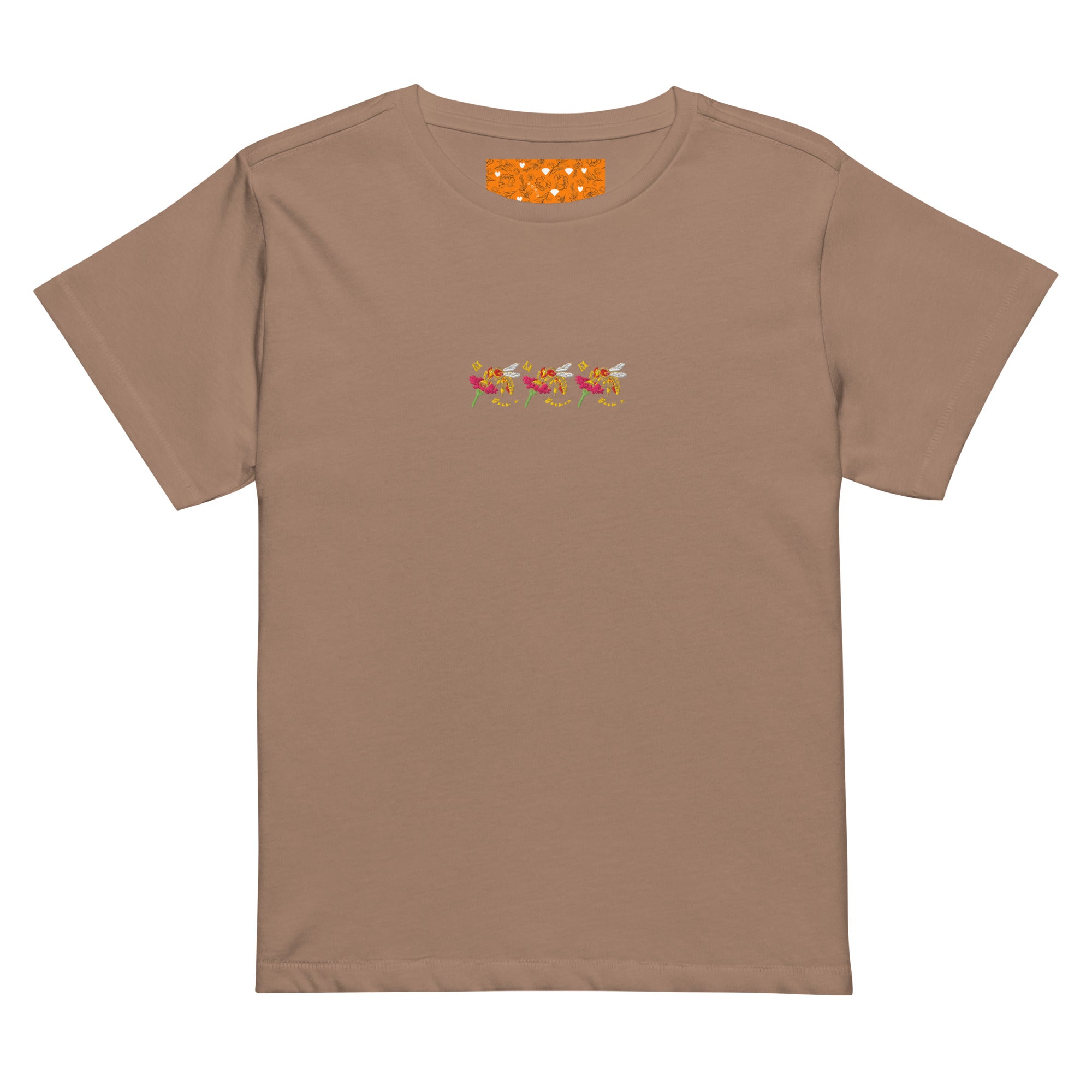 Women's high-waisted latte-colored tee by Daemon Luxury from the Honeybee Shores Premio il Woman collection, front view.