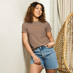 Women's high-waisted latte-colored tee from Honeybee Shores by Daemon Luxury, front view showing fit and fabric details.