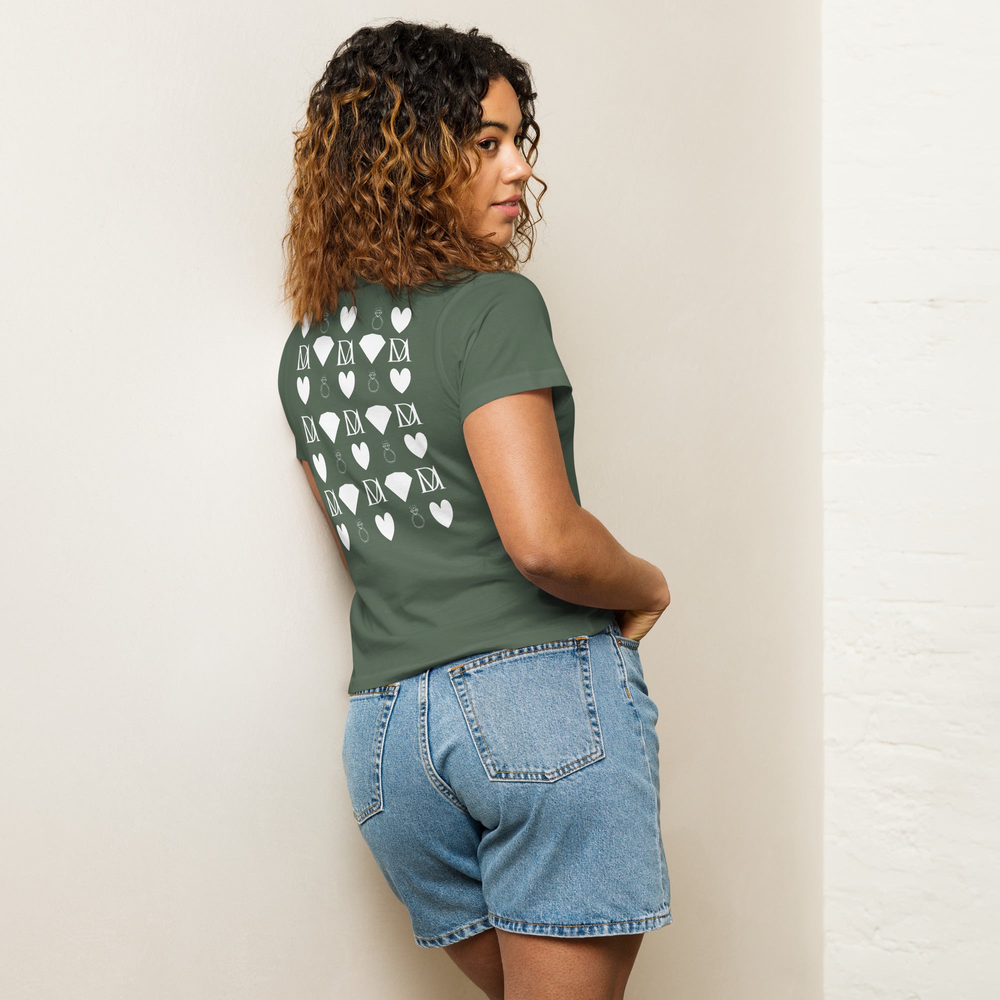 Women's high-waisted tee from Daemon Luxury featuring frosted diamond accents and a stylish pine back design.