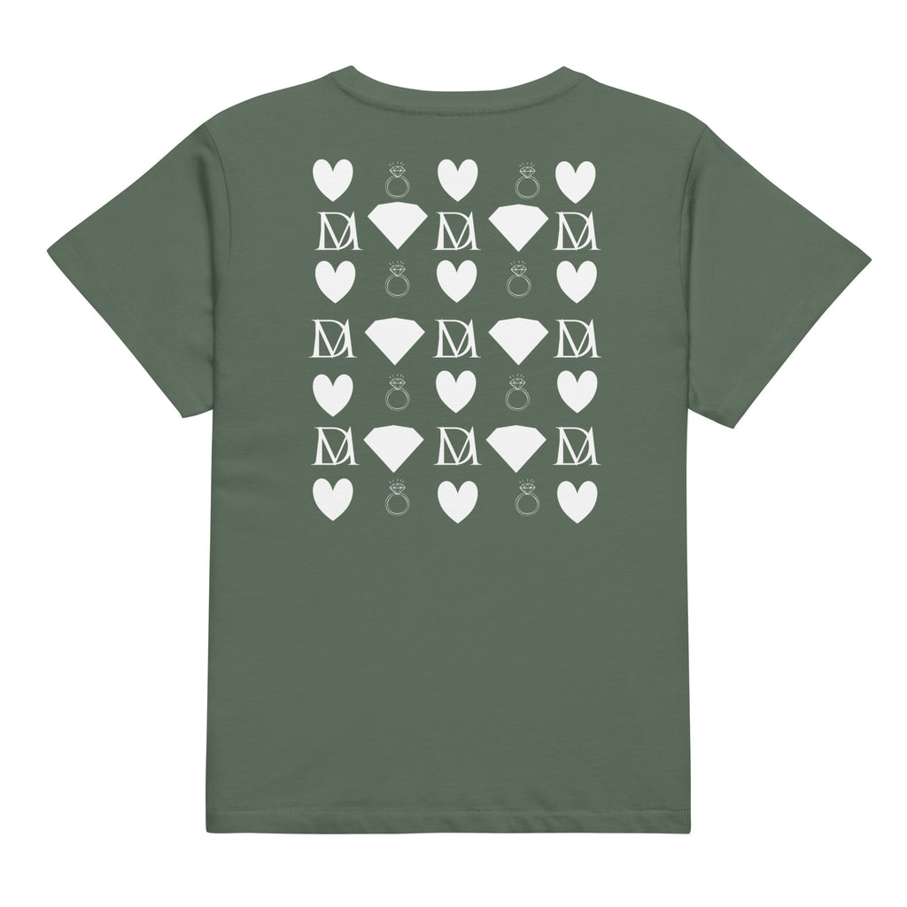 Women's high-waisted tee featuring frosted diamond design from Daemon Luxury, shown with a pine back detail.