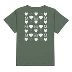 Women's high-waisted tee featuring frosted diamond design from Daemon Luxury, shown with a pine back detail.