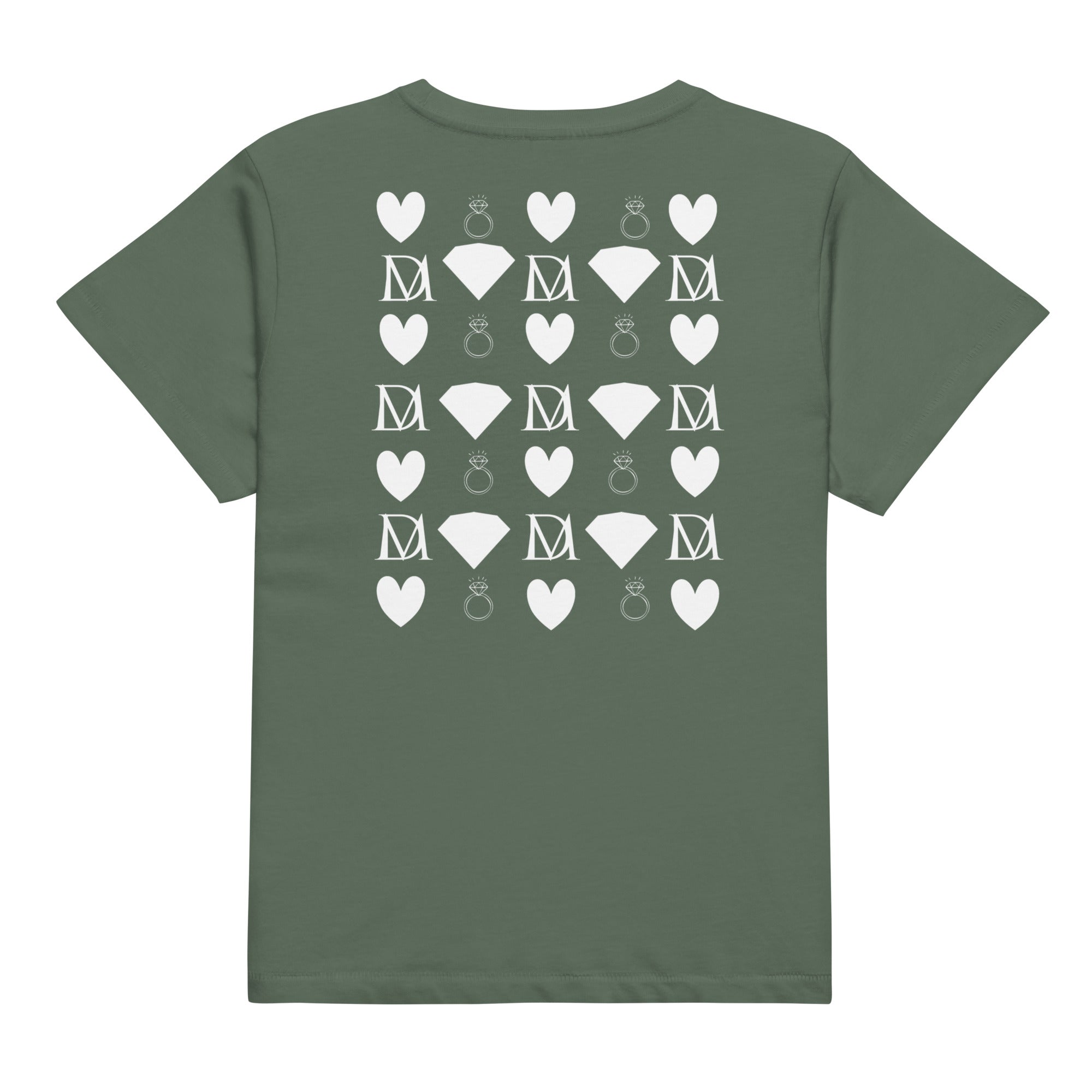 Women's high-waisted tee featuring frosted diamond design from Daemon Luxury, shown with a pine back detail.