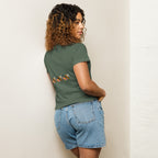 Women’s high-waisted tee from Honeybee Shores Premio il Woman collection by Daemon Luxury, featuring a pine back design.