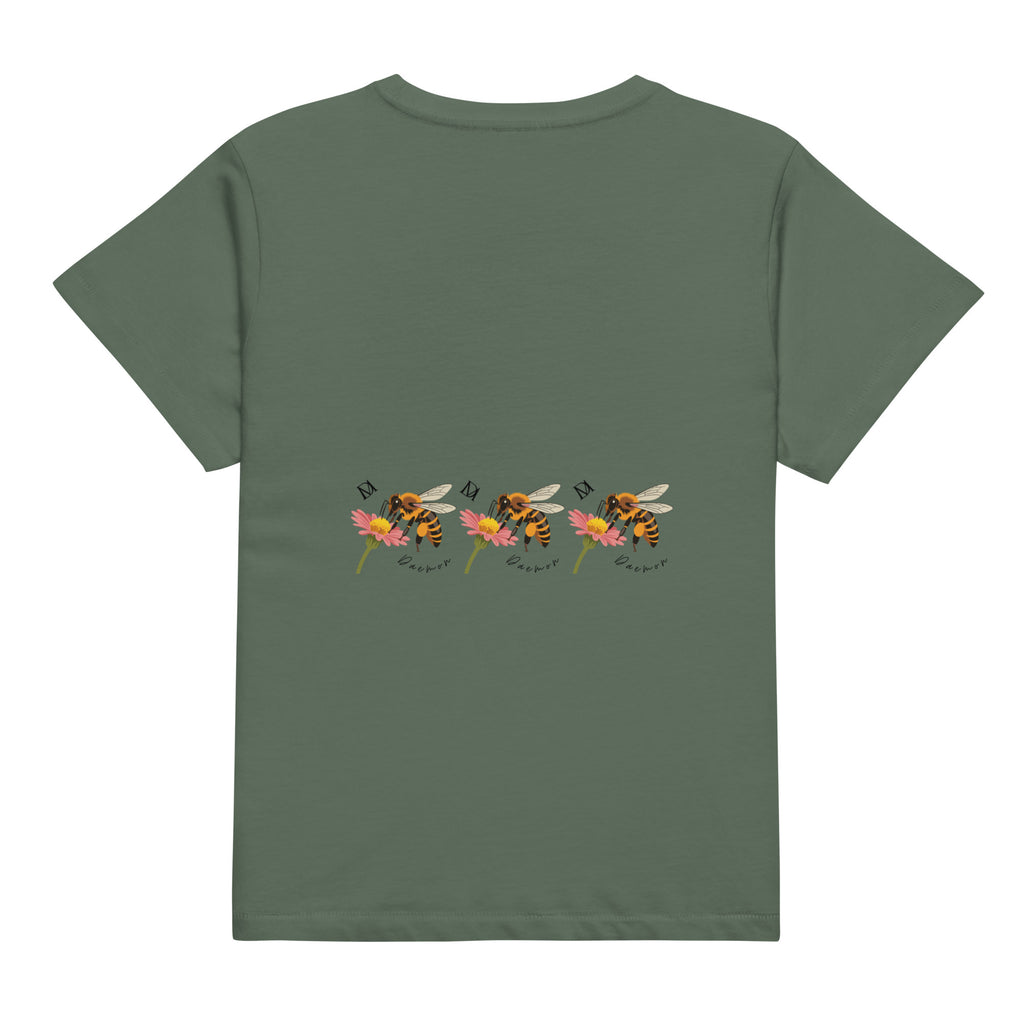 Women's high-waisted tee from Honeybee Shores Premio il Woman collection by Daemon Luxury, featuring a pine-colored back design.