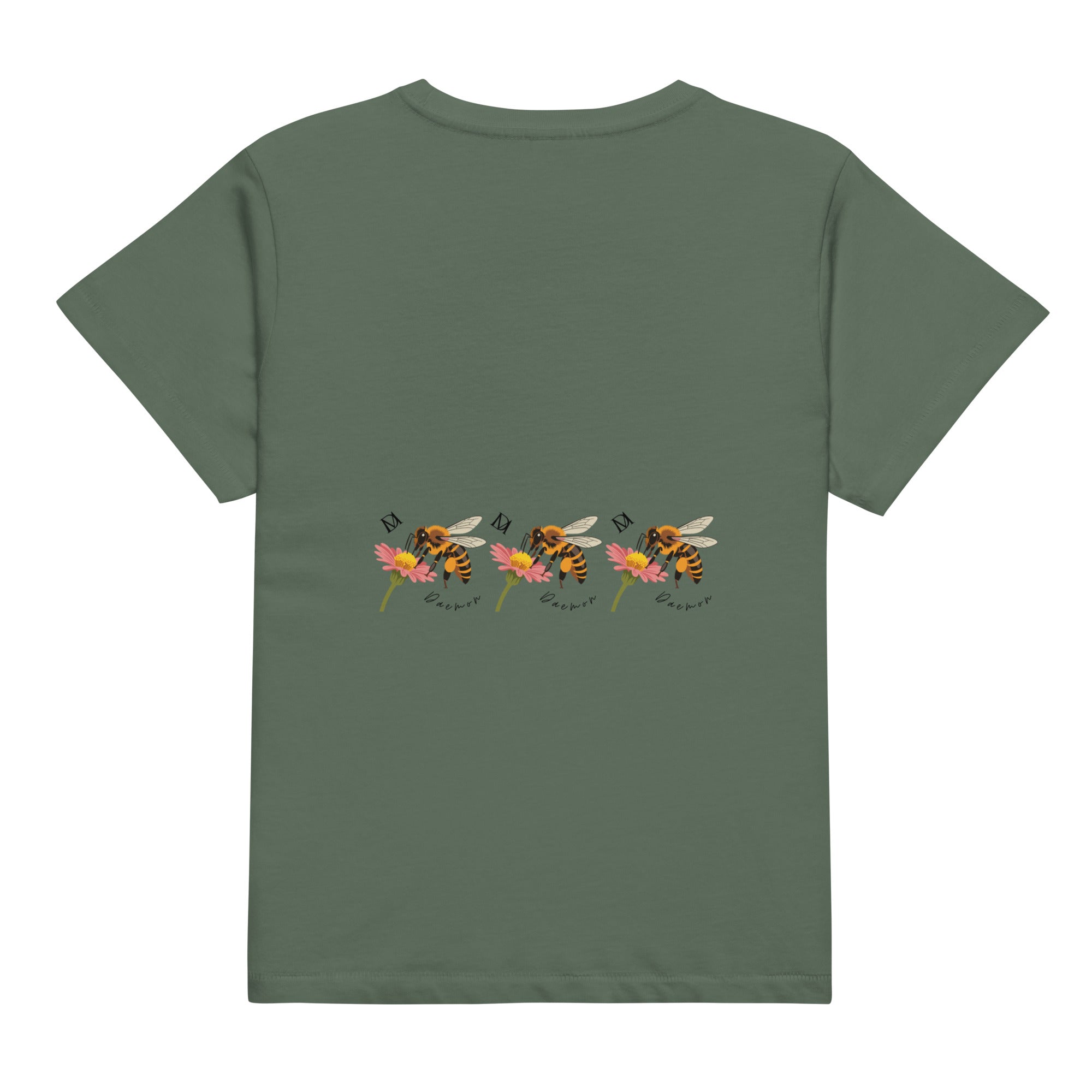 Women's high-waisted tee from Honeybee Shores Premio il Woman collection by Daemon Luxury, featuring a pine-colored back design.