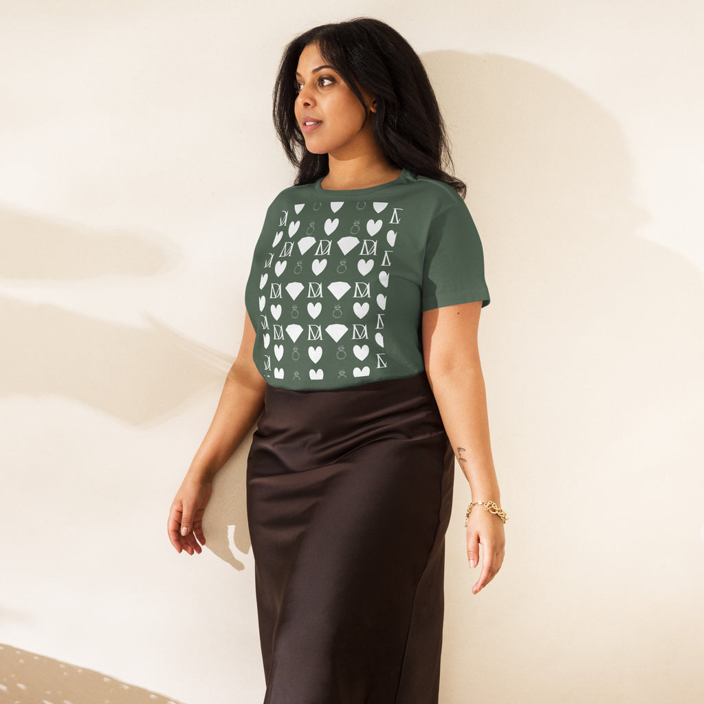 Women's high-waisted tee with frosted diamond design from Daemon Luxury, featuring a stylish pine-colored front.