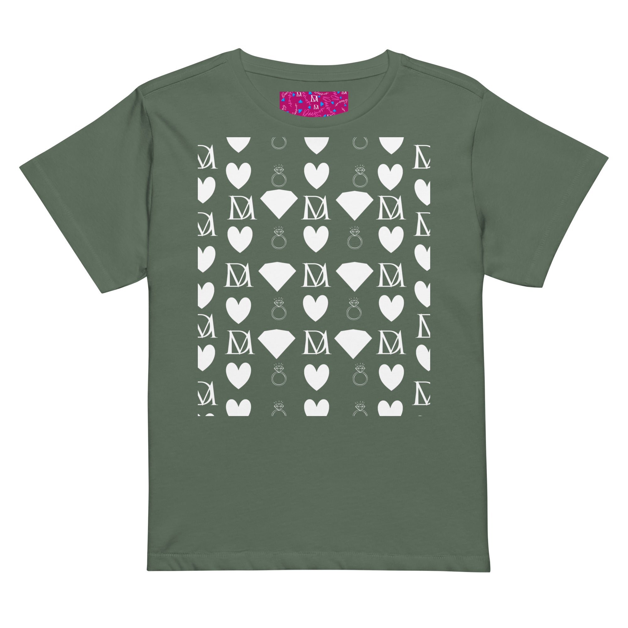Women's high-waisted tee from Daemon Luxury featuring frosted diamond accents and a stylish pine front design.