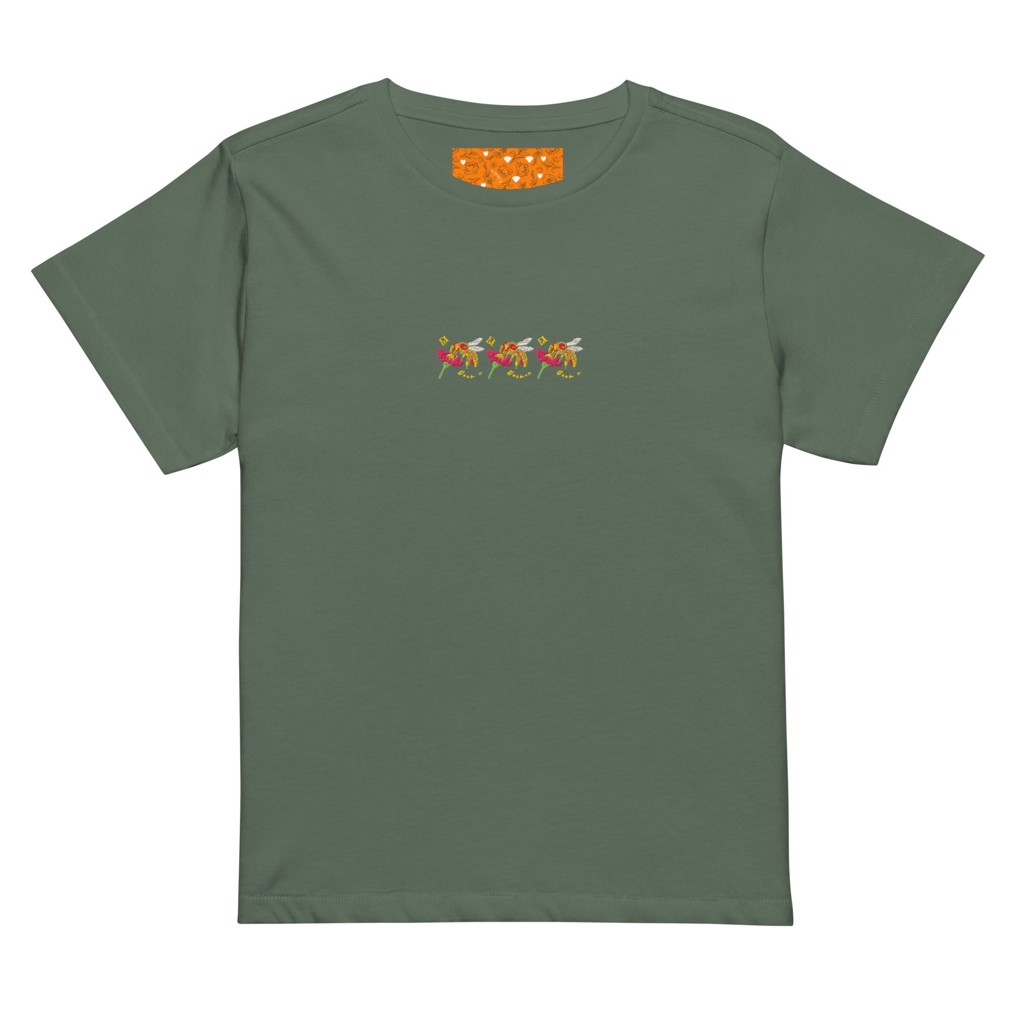 Women's high-waisted tee from Honeybee Shores by Daemon Luxury, featuring a pine design on the front.