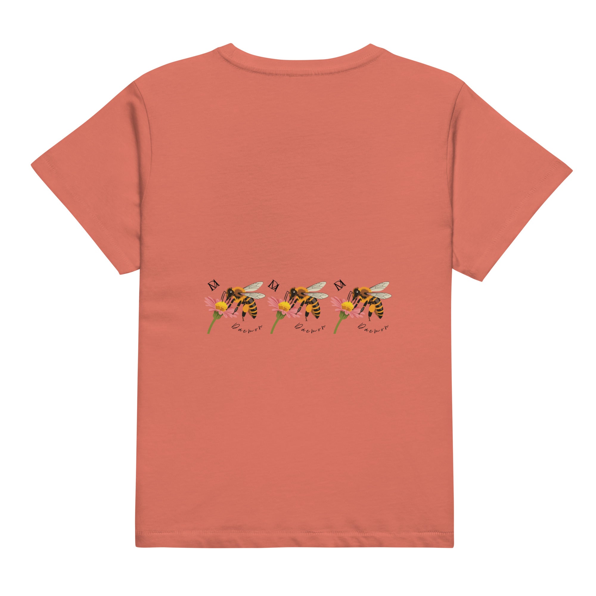 Women's high-waisted tee in vibrant red sorbet by Daemon Luxury from the Honeybee Shores Premio il collection, shown from the back.